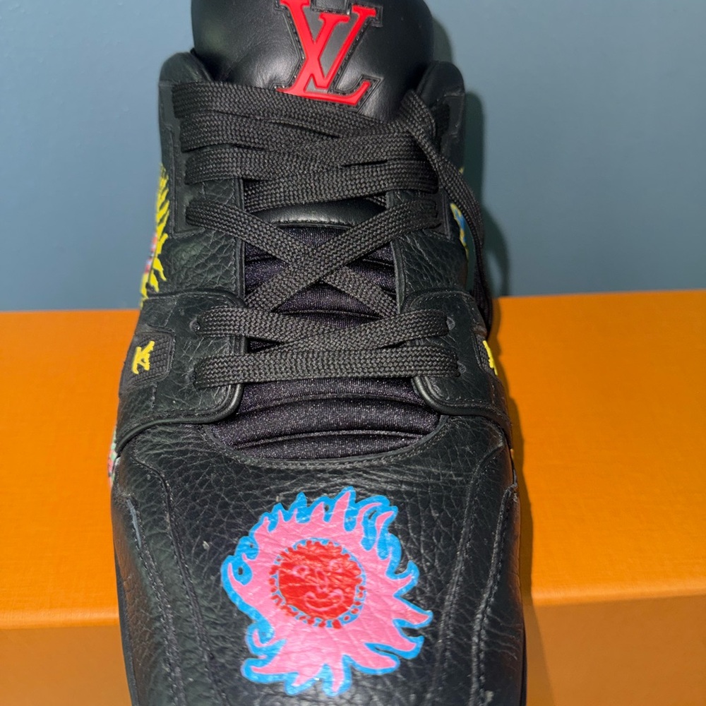 Louis Vuitton Black Leather Sneaker with Red LV Logo and Multicolor Sun Motif - Picture 6 of 9